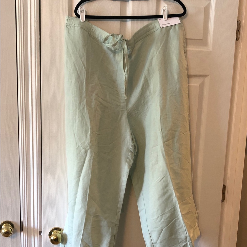 Liz Claiborne Mint Green Drawstring Linen-Blend wide leg crop